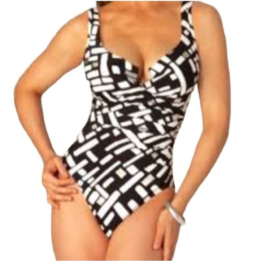 MIRACLESUIT Estilo Geometric Print Tummy Control One Piece Swimsuit Sz 14